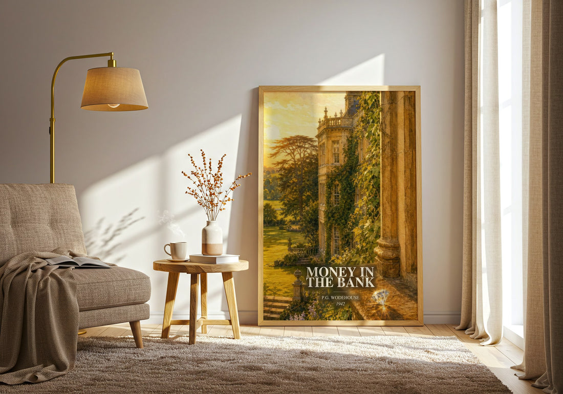 Money in the Bank watercolour print in frame leaning in hallway – satire wall art (mockup)