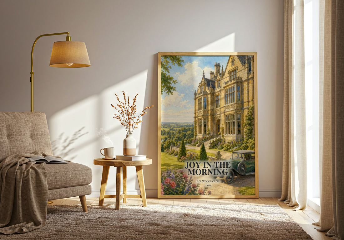 Joy in the Morning watercolour print in frame leaning in hallway – classic literature wall art (mockup)