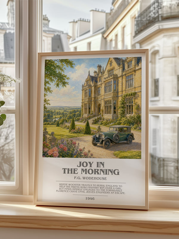Joy in the Morning Bookish Wall Art by P.G. Wodehouse – framed print by a bright window
