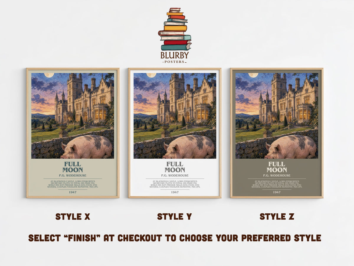 Full Moon bookish print in frame leaning in hallway – satire wall art (mockup)