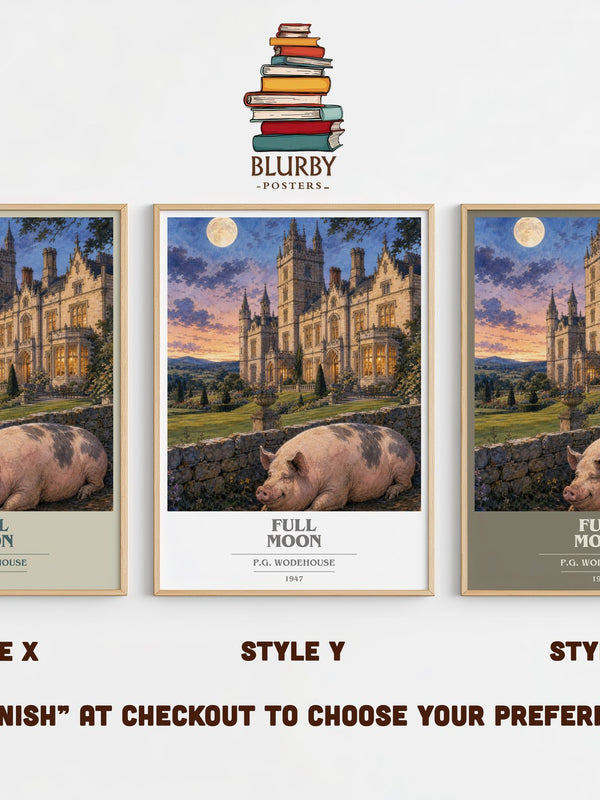 Full Moon book cover print in frame leaning in hallway – satire wall art