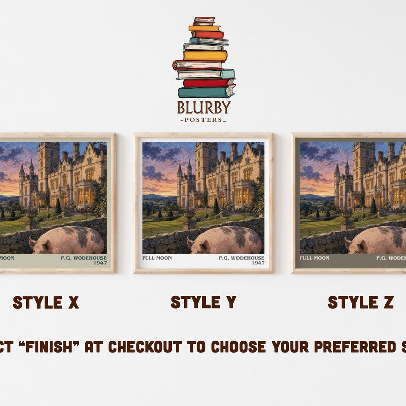 Full Moon literary print in frame leaning in hallway – satire wall art