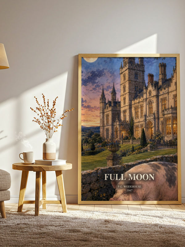 Full Moon watercolour print in frame leaning in hallway – satire wall art