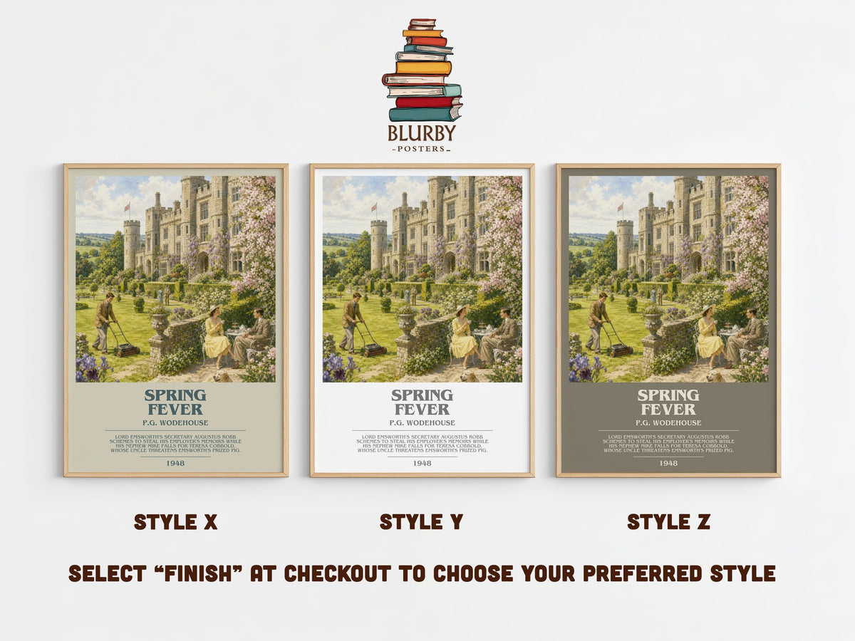 Spring Fever bookish print in frame leaning in hallway – satire wall art (mockup)