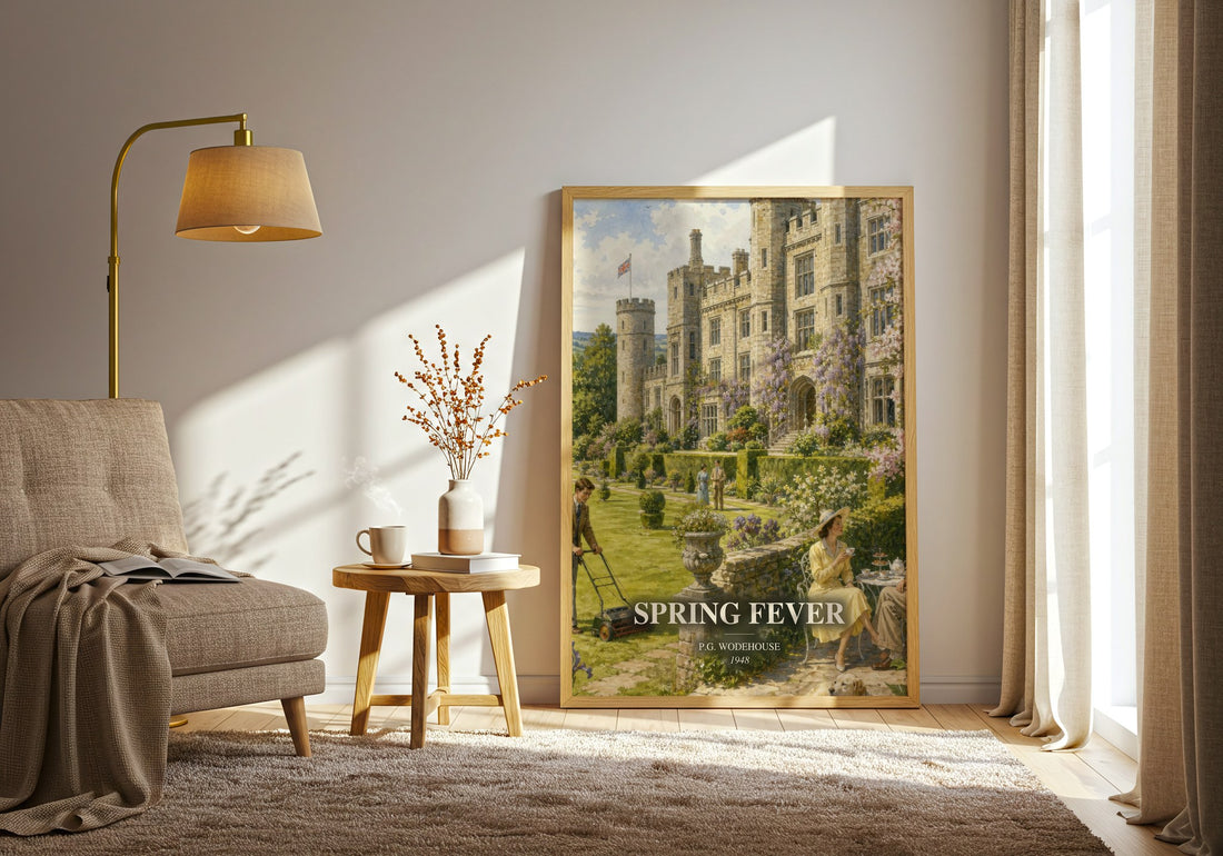 Spring Fever watercolour print in frame leaning in hallway – satire wall art (mockup)