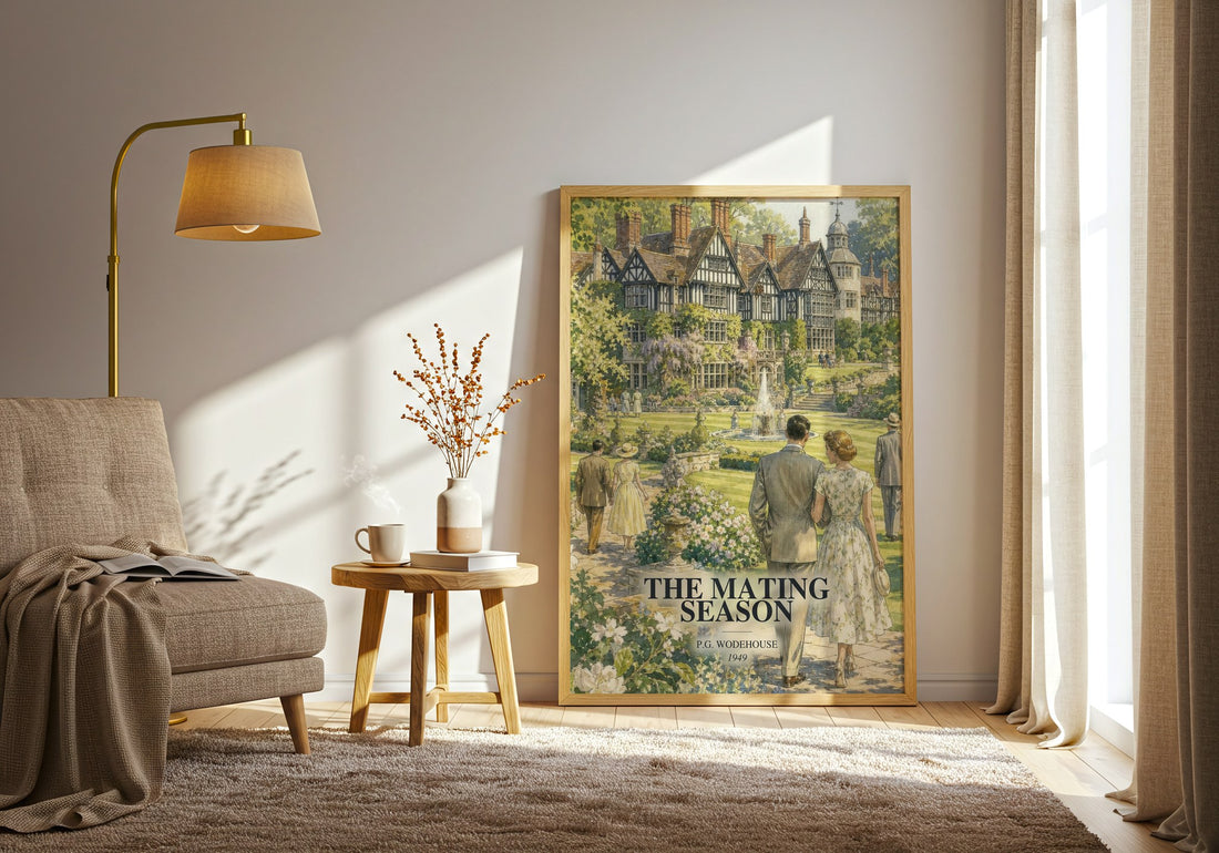 The Mating Season watercolour print in frame leaning in hallway – satire wall art (mockup)