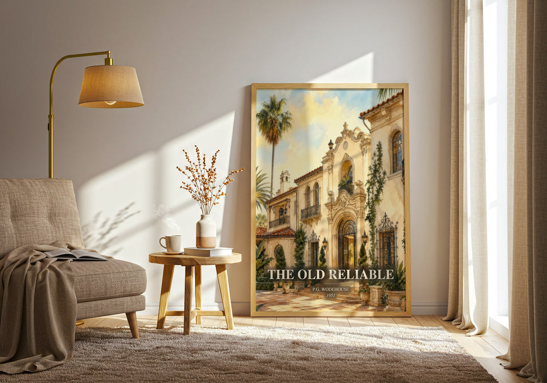 The Old Reliable watercolour print in frame leaning in hallway – classic literature wall art (mockup)