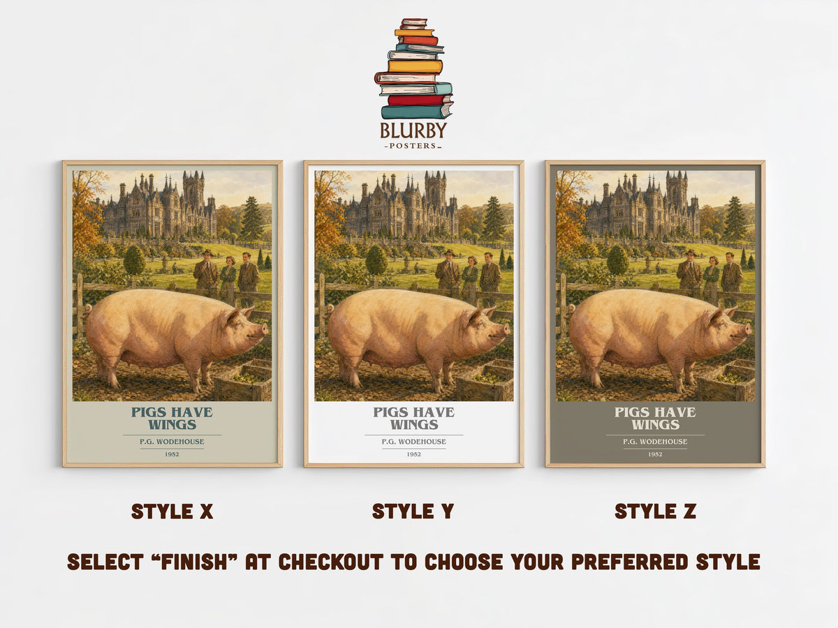 Pigs Have Wings book cover print in frame leaning in hallway – satire wall art (mockup)