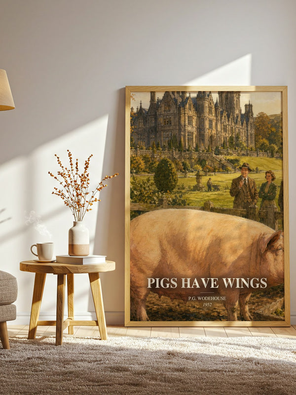 Pigs Have Wings watercolour print in frame leaning in hallway – satire wall art