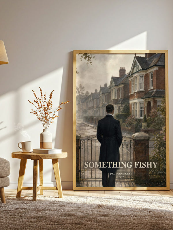 Something Fishy watercolour print in frame leaning in hallway – satire wall art