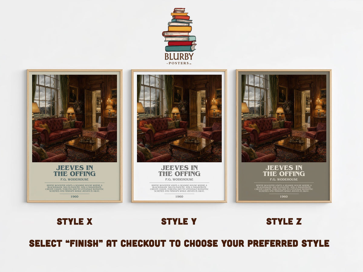 Jeeves in the Offing bookish print in frame leaning in hallway – satire wall art (mockup)