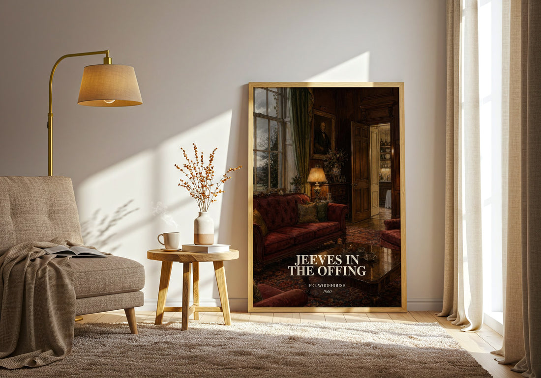 Jeeves in the Offing watercolour print in frame leaning in hallway – satire wall art (mockup)