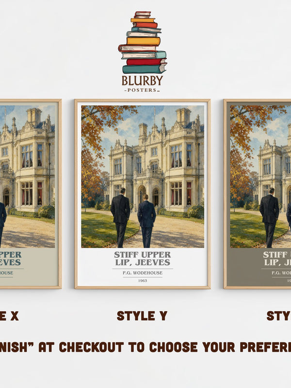 Stiff Upper Lip, Jeeves book cover print in frame leaning in hallway – satire wall art