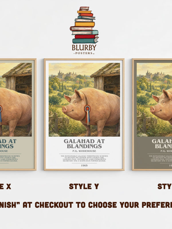 Galahad at Blandings bookish print in frame leaning in hallway – satire wall art