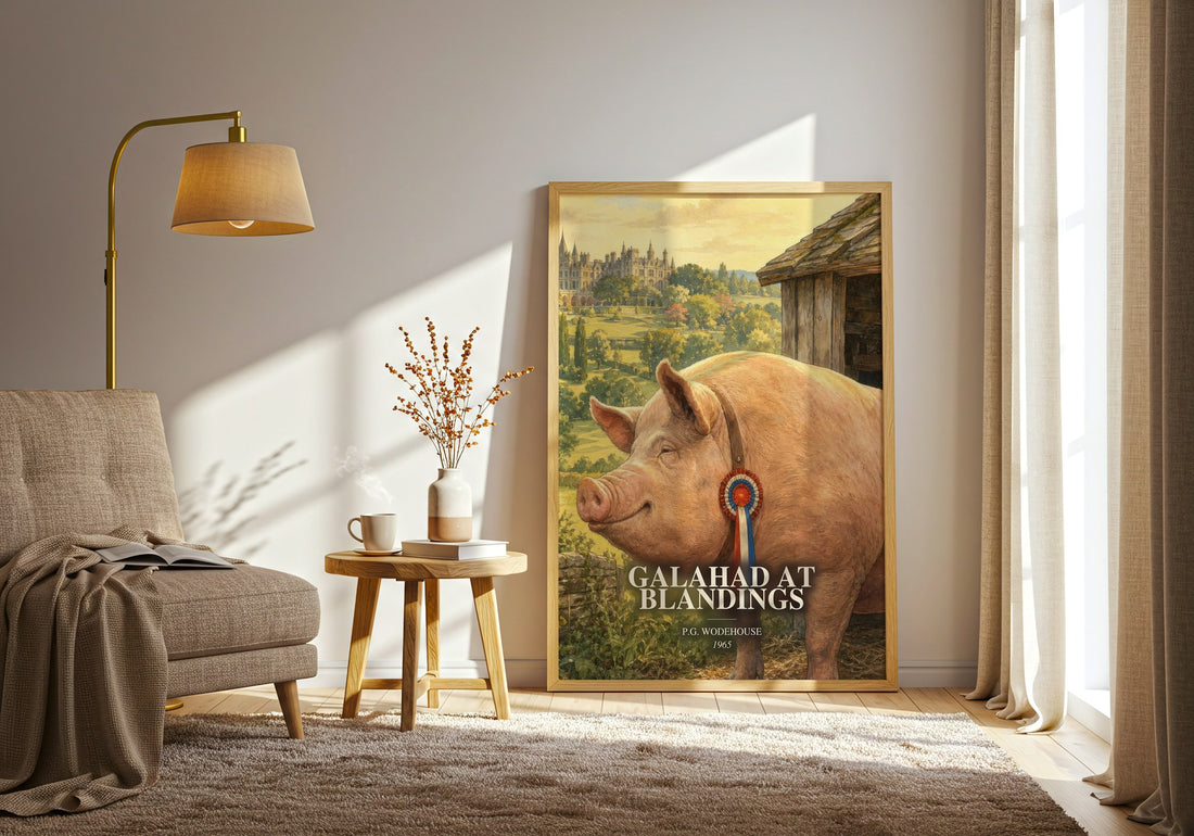 Galahad at Blandings watercolour print in frame leaning in hallway – satire wall art (mockup)