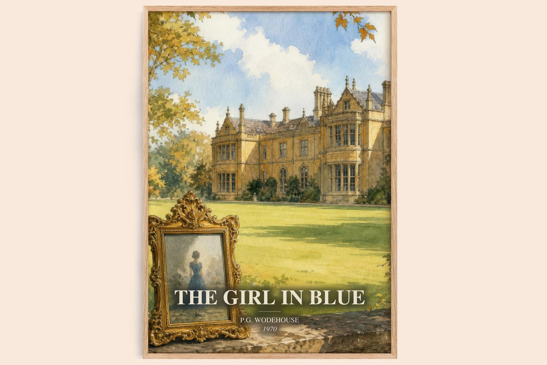 The Girl in Blue watercolour book poster by P.G. Wodehouse – framed literary art print