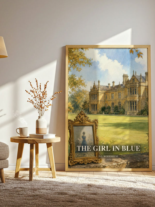 The Girl in Blue watercolour print in frame leaning in hallway – romance wall art