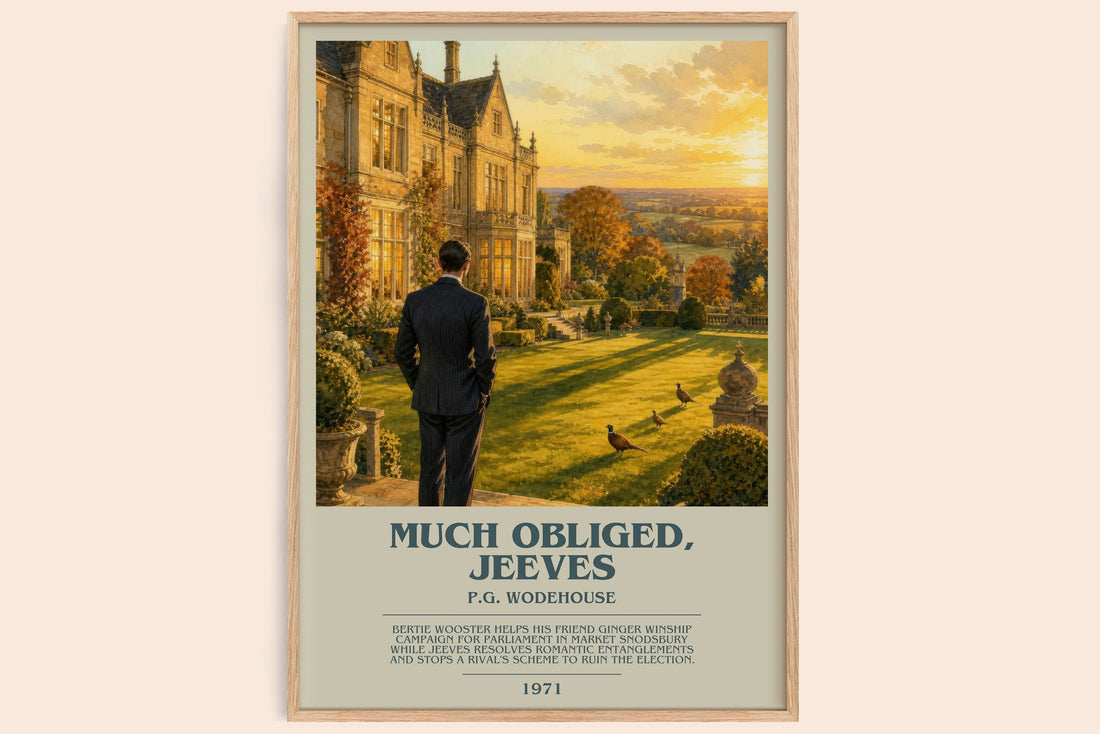 Much Obliged, Jeeves bookish book poster by P.G. Wodehouse – framed literary art print