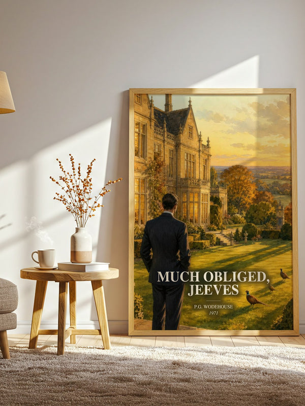 Much Obliged, Jeeves watercolour print in frame leaning in hallway – satire wall art