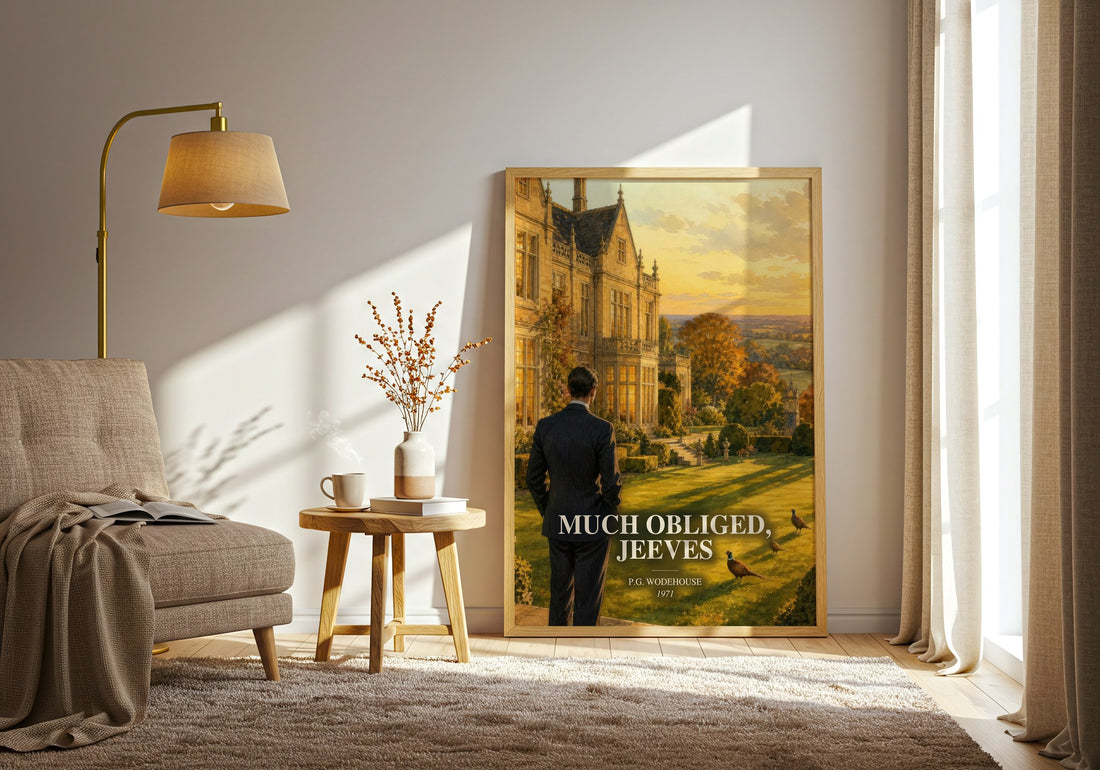 Much Obliged, Jeeves watercolour print in frame leaning in hallway – satire wall art (mockup)