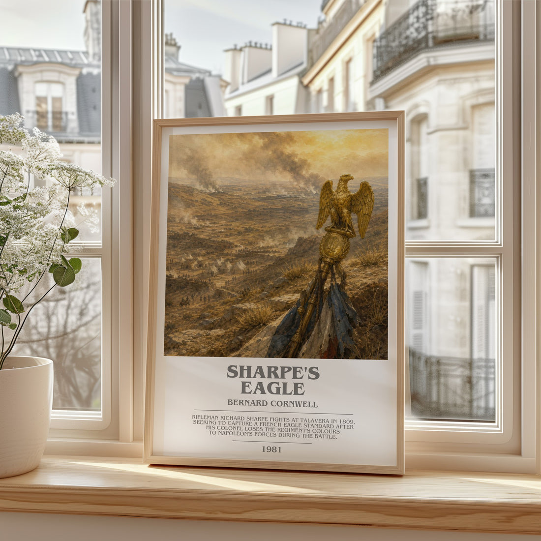 Sharpe's Eagle Bookish Wall Art by Bernard Cornwell – framed print by a bright window