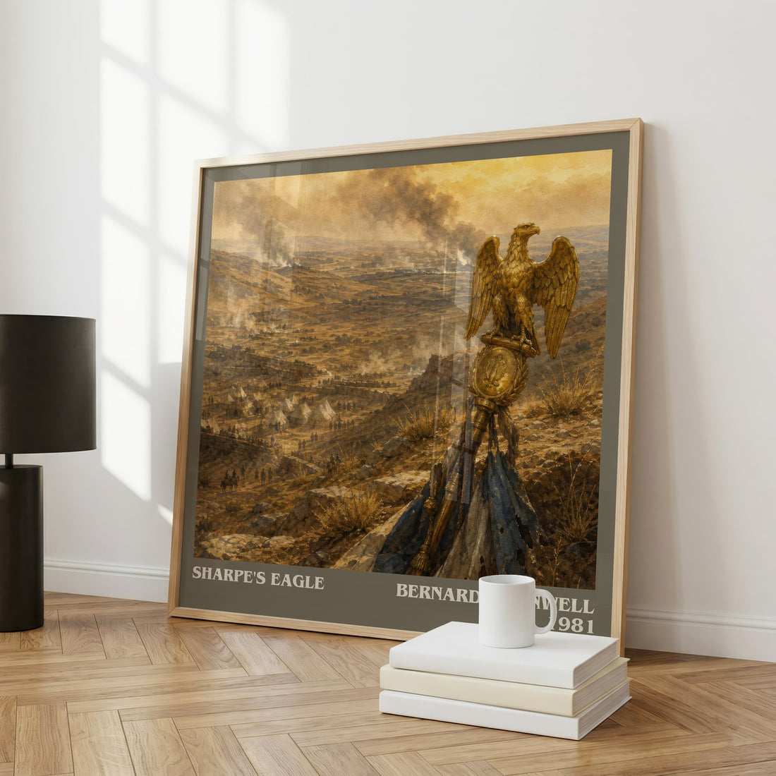 Sharpe's Eagle Literary Art Print by Bernard Cornwell – large square framed print leaning against a wall