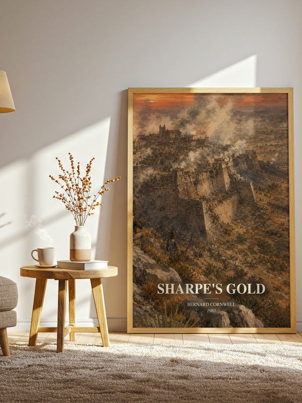 Sharpe's Gold watercolour print in frame leaning in hallway – historical fiction wall art