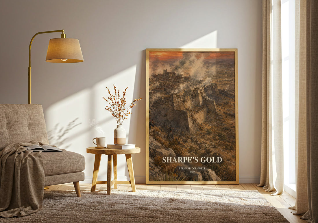 Sharpe's Gold watercolour print in frame leaning in hallway – historical fiction wall art (mockup)