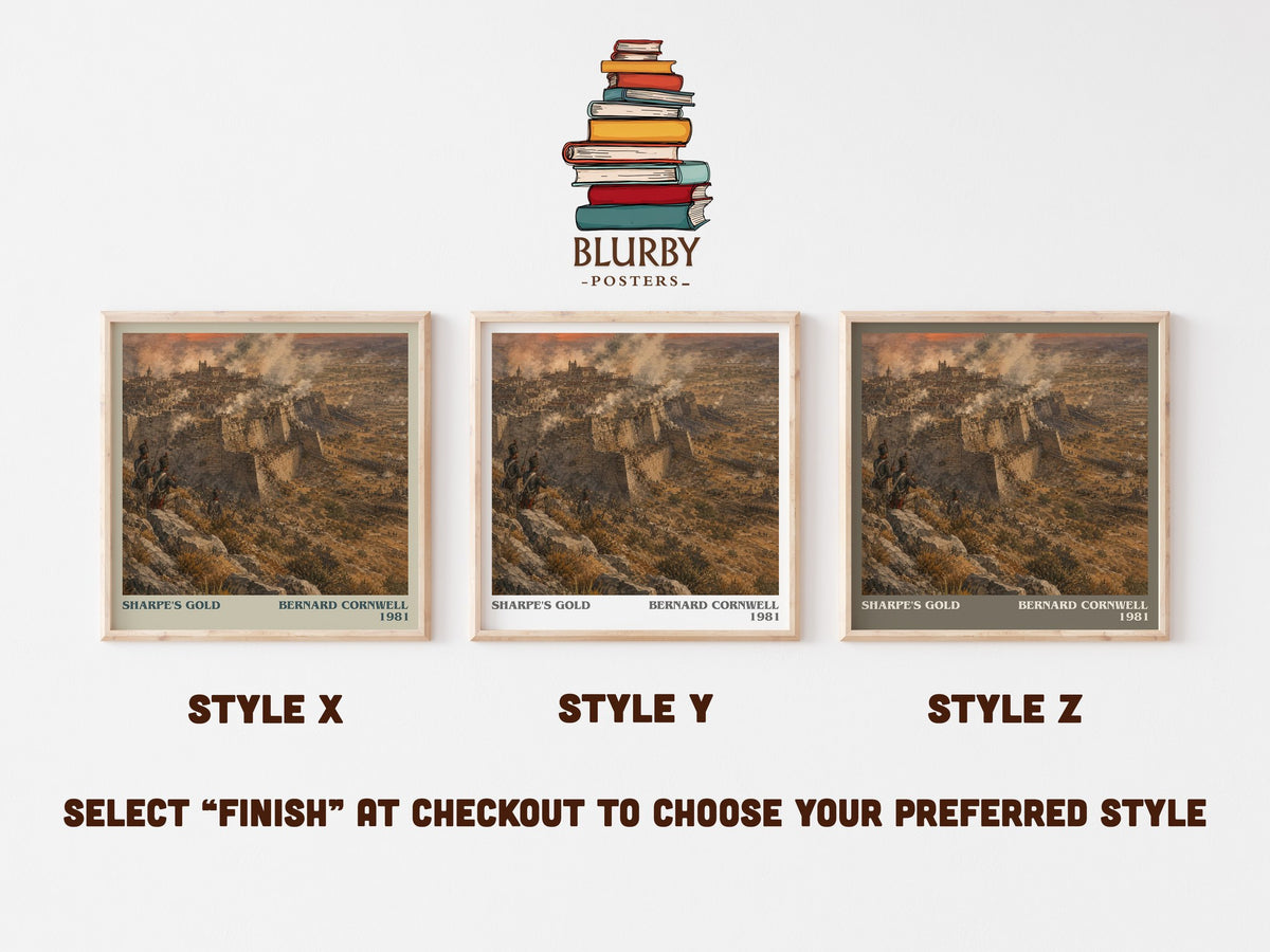 Sharpe's Gold literary print in frame leaning in hallway – historical fiction wall art (mockup)