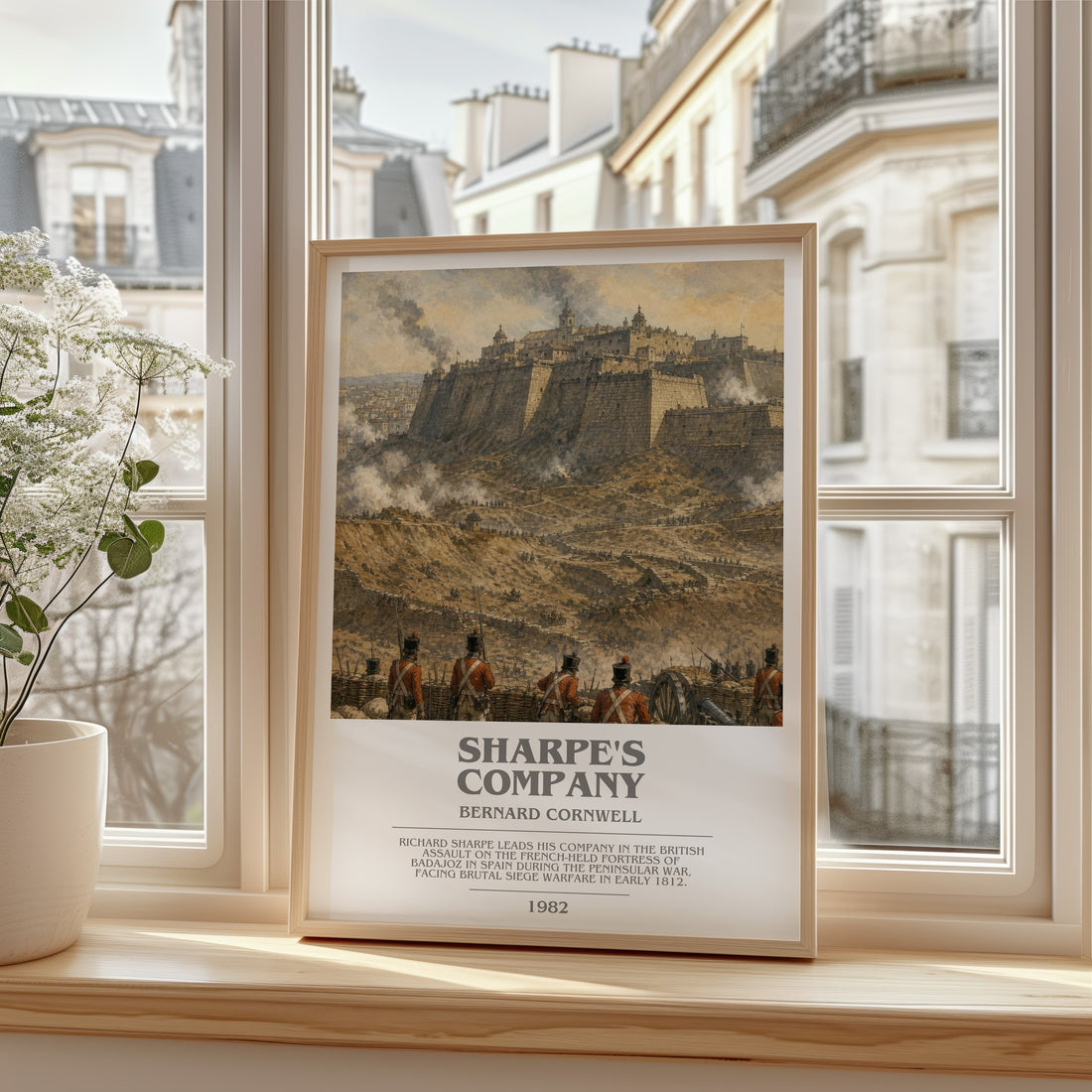 Sharpe's Company Bookish Wall Art by Bernard Cornwell – framed print by a bright window