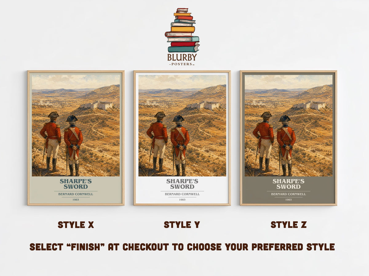 Sharpe's Sword book cover print in frame leaning in hallway – historical fiction wall art (mockup)