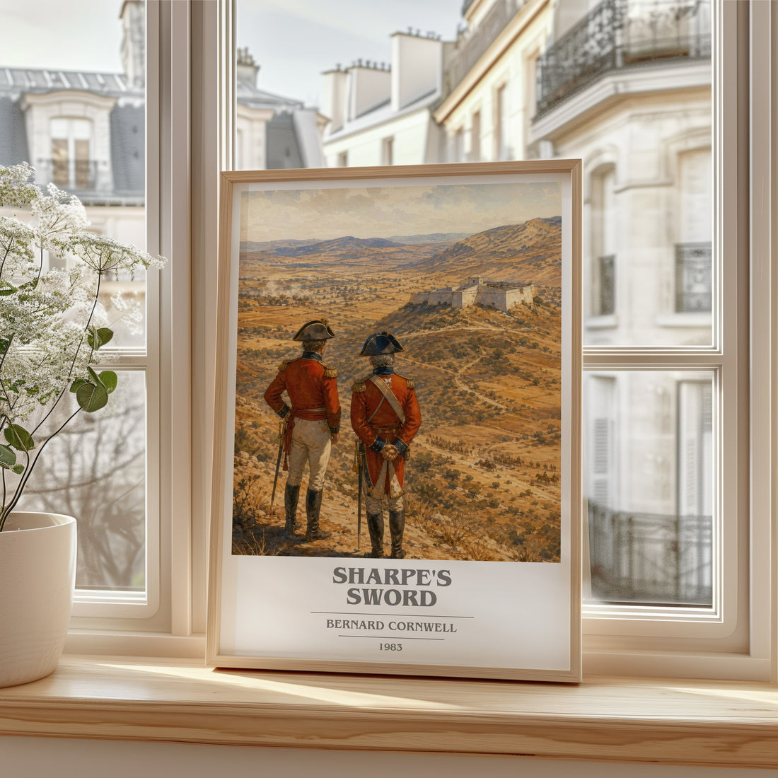 Sharpe's Sword Book Cover Poster by Bernard Cornwell – framed print by a bright window