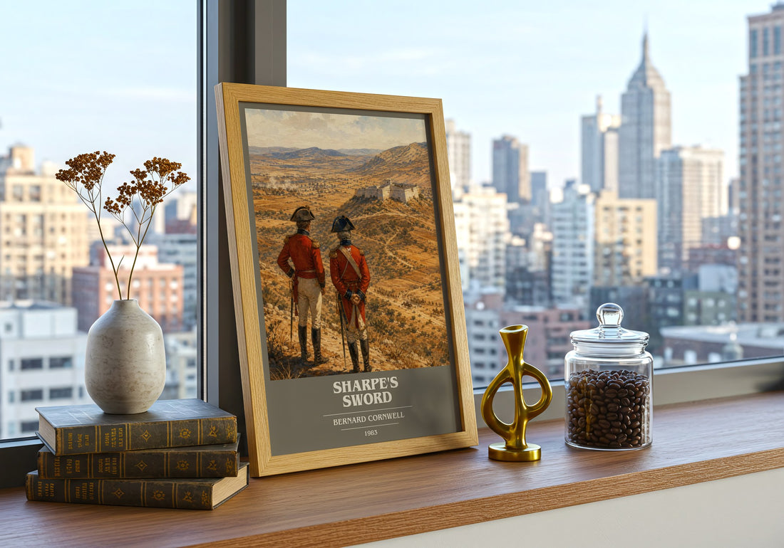 Sharpe's Sword Book Cover Poster by Bernard Cornwell – framed print on a city-view windowsill
