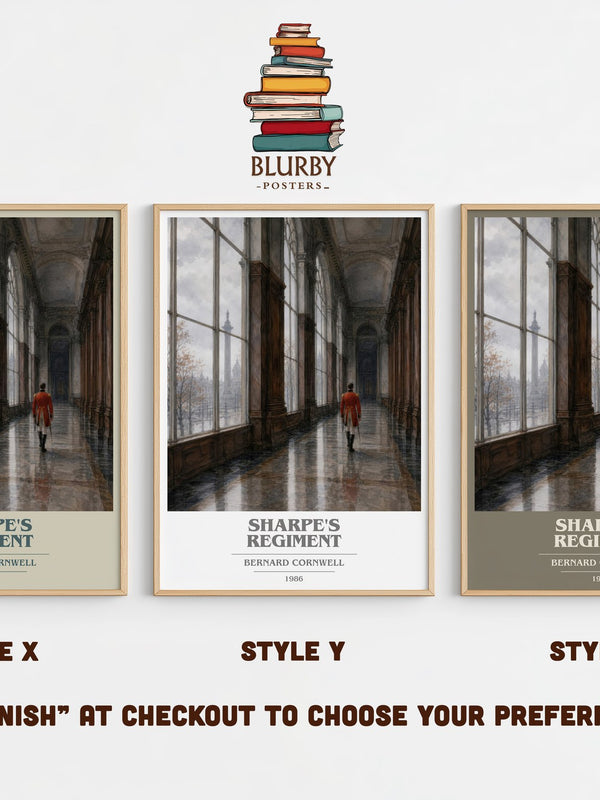 Sharpe's Regiment book cover print in frame leaning in hallway – historical fiction wall art