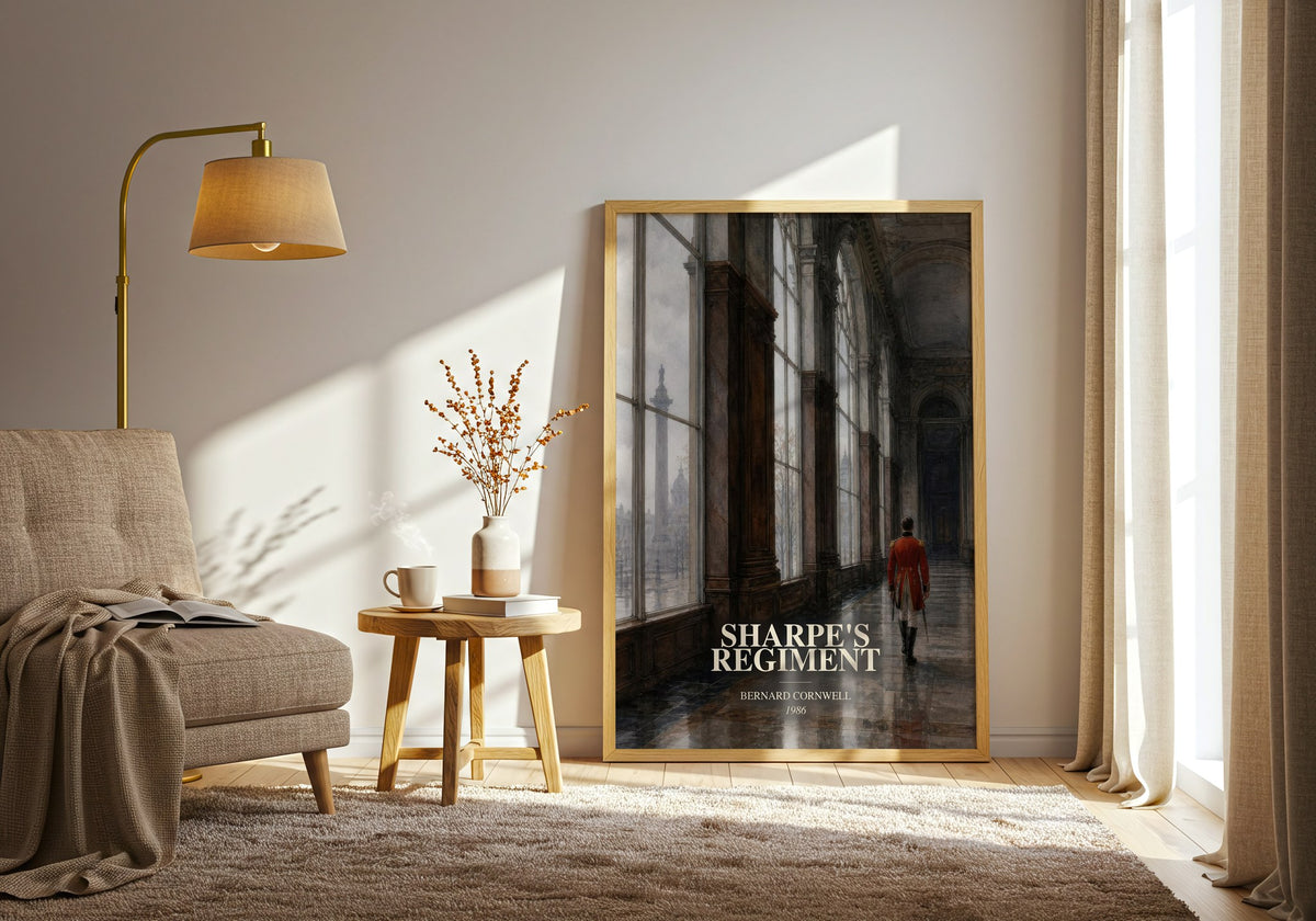 Sharpe's Regiment watercolour print in frame leaning in hallway – historical fiction wall art (mockup)