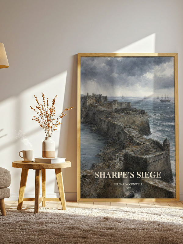 Sharpe's Siege watercolour print in frame leaning in hallway – historical fiction wall art