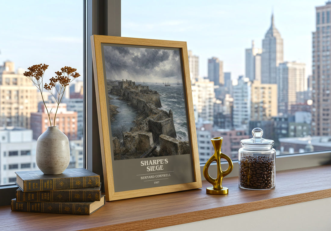 Sharpe's Siege Book Cover Poster by Bernard Cornwell – framed print on a city-view windowsill