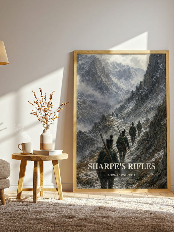 Sharpe's Rifles watercolour print in frame leaning in hallway – historical fiction wall art
