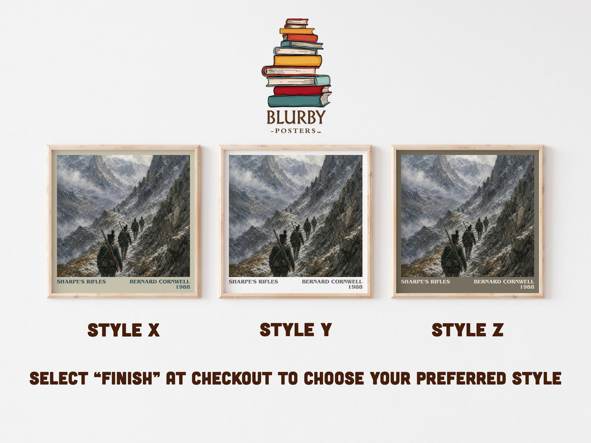 Sharpe's Rifles literary print in frame leaning in hallway – historical fiction wall art (mockup)