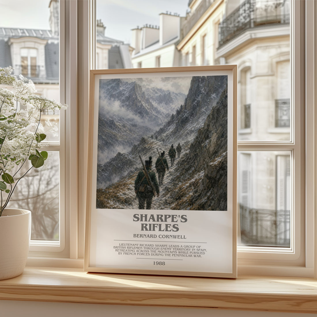 Sharpe's Rifles Bookish Wall Art by Bernard Cornwell – framed print by a bright window