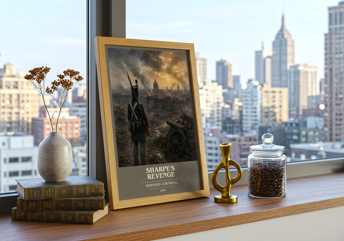 Sharpe's Revenge Book Cover Poster by Bernard Cornwell – framed print on a city-view windowsill