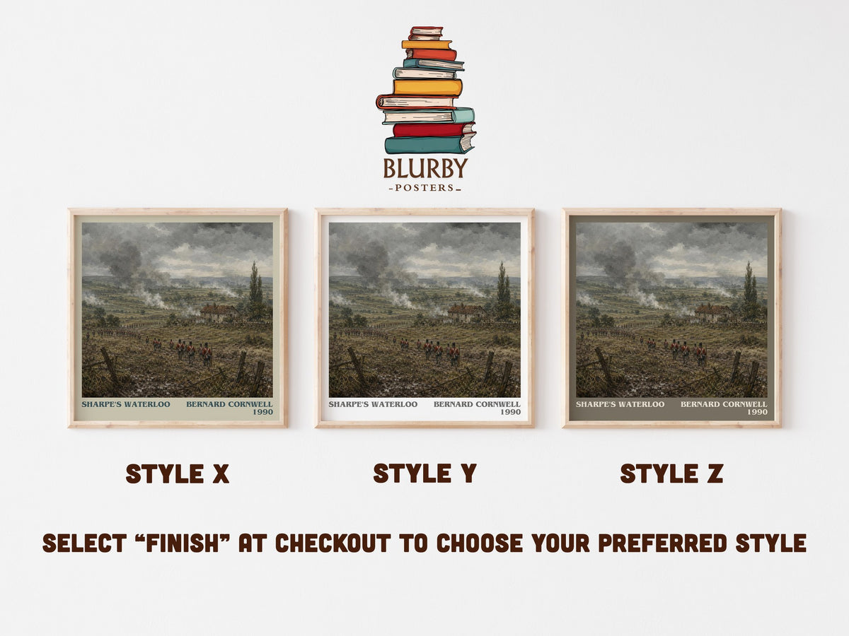 Sharpe's Waterloo literary print in frame leaning in hallway – historical fiction wall art (mockup)