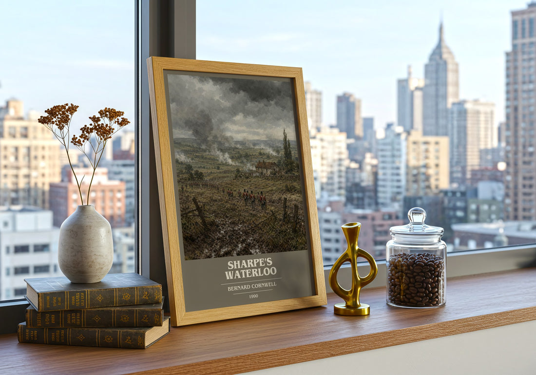 Sharpe's Waterloo Book Cover Poster by Bernard Cornwell – framed print on a city-view windowsill