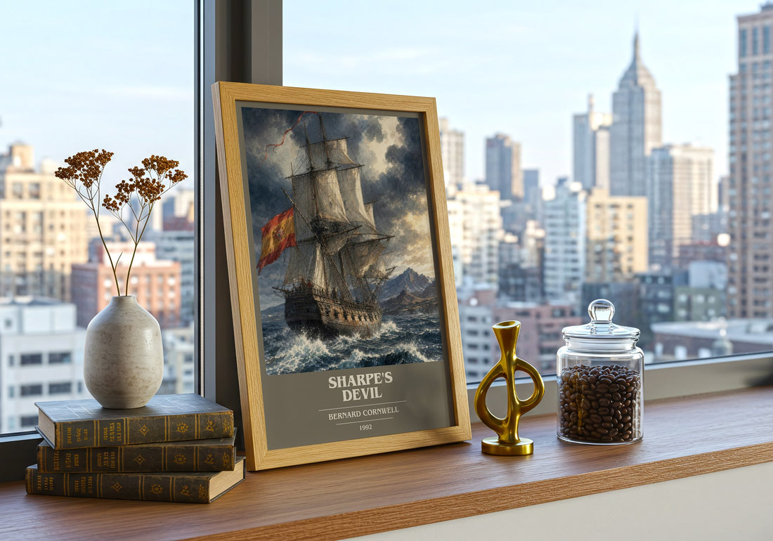 Sharpe's Devil Book Cover Poster by Bernard Cornwell – framed print on a city-view windowsill