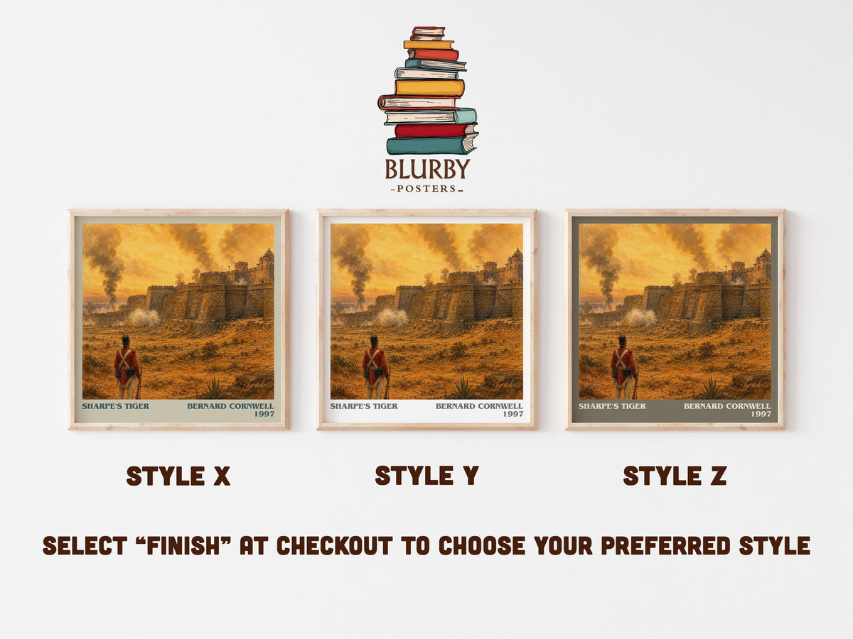 Sharpe's Tiger literary print in frame leaning in hallway – historical fiction wall art (mockup)