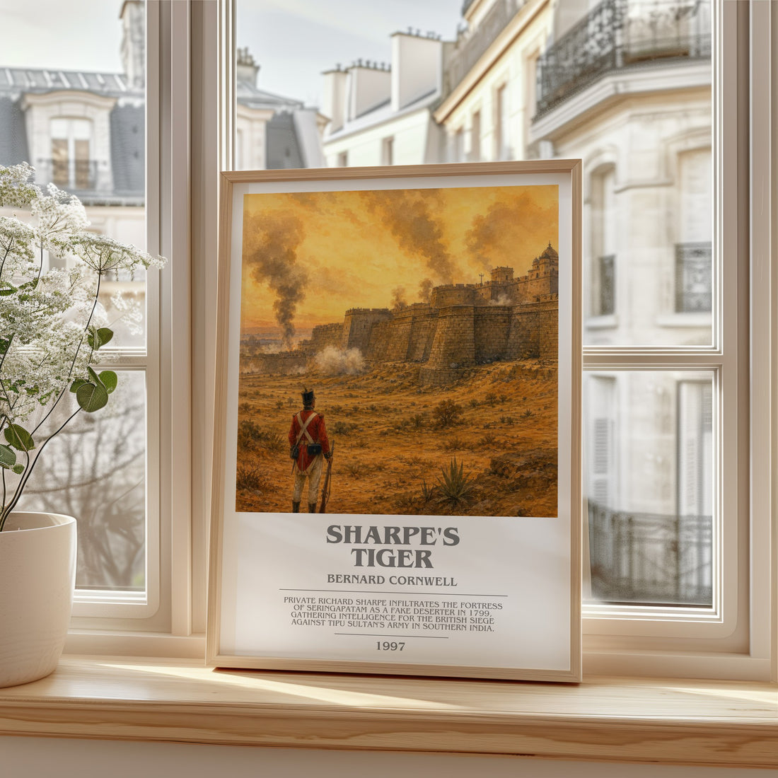 Sharpe's Tiger Bookish Wall Art by Bernard Cornwell – framed print by a bright window