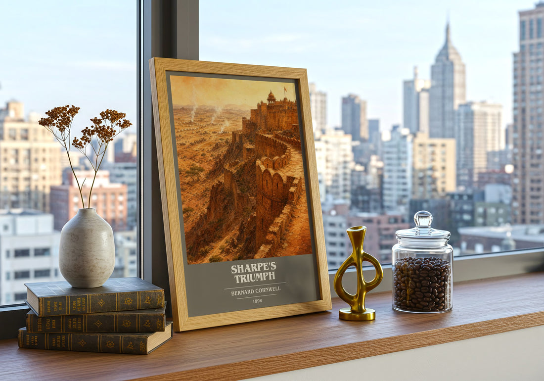 Sharpe's Triumph Book Cover Poster by Bernard Cornwell – framed print on a city-view windowsill