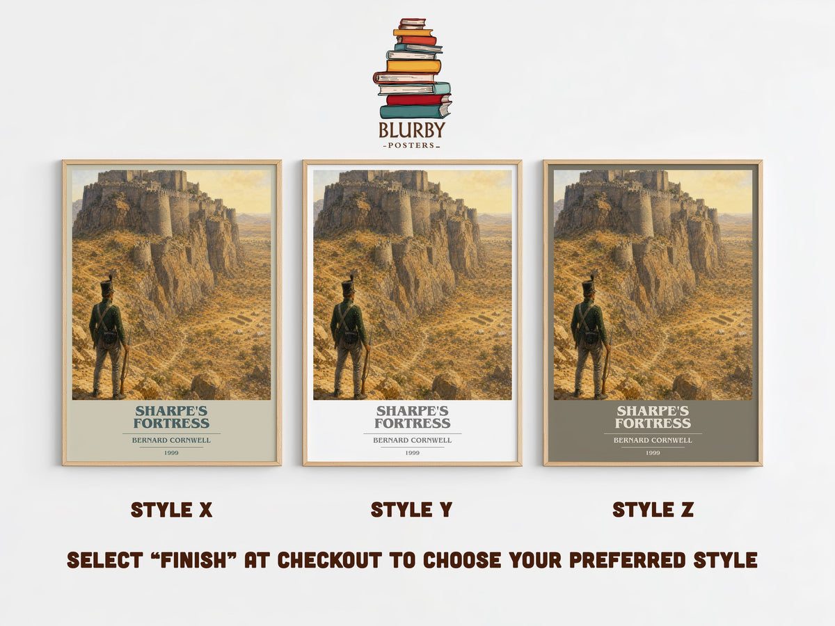 Sharpe's Fortress book cover print in frame leaning in hallway – historical fiction wall art (mockup)