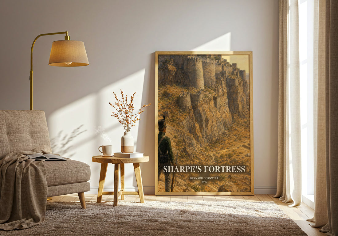 Sharpe's Fortress watercolour print in frame leaning in hallway – historical fiction wall art (mockup)