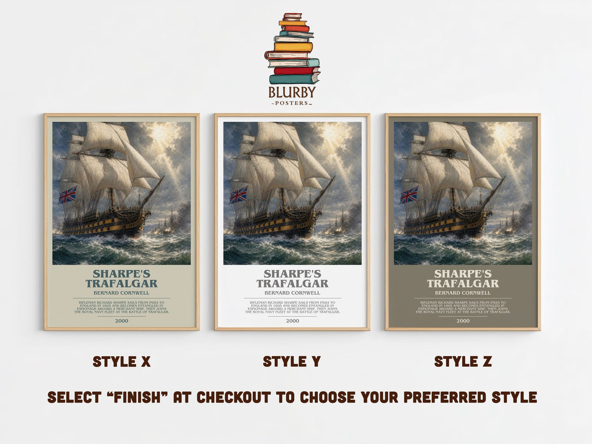 Sharpe's Trafalgar bookish print in frame leaning in hallway – historical fiction wall art (mockup)